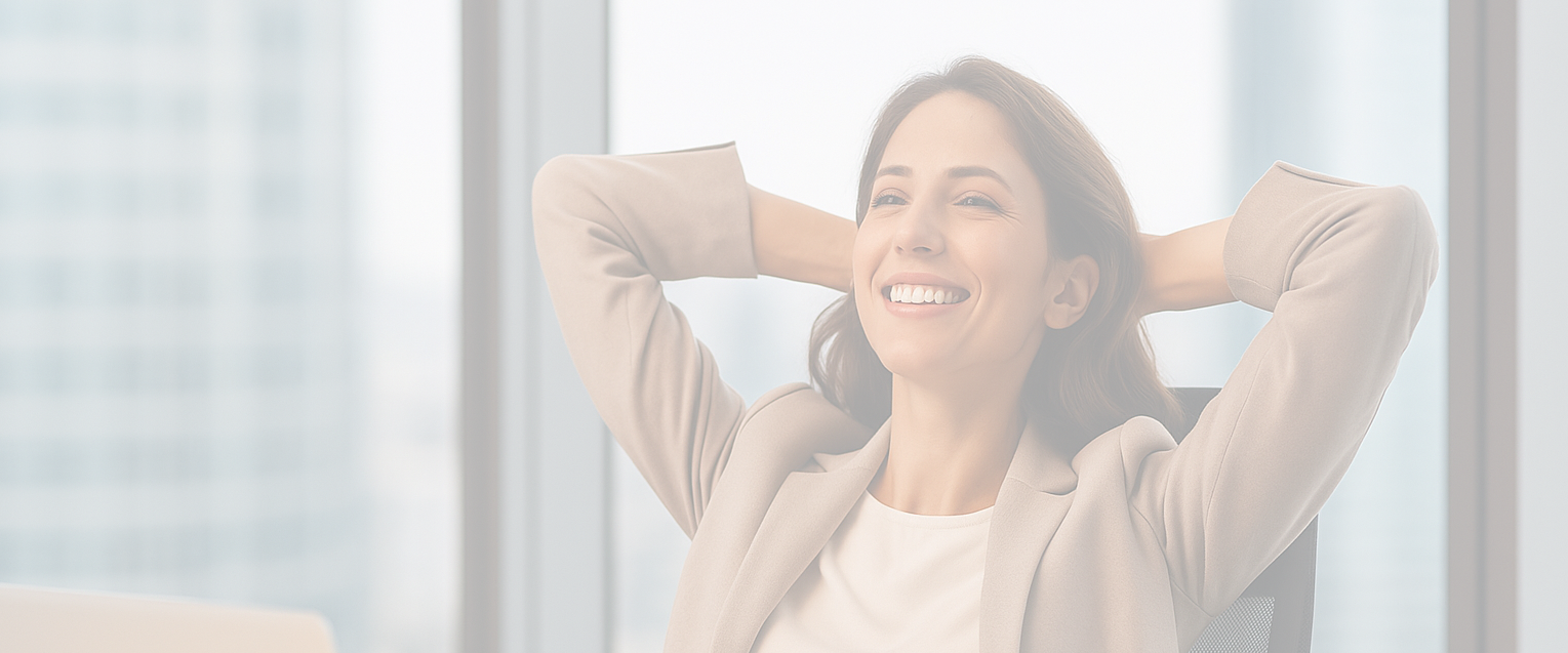 jeune femme heureuse devant son bureau